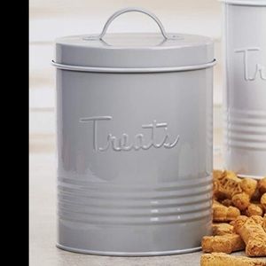 Gray dog treat tin container
